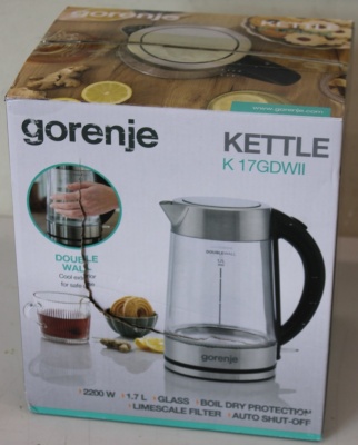 SALE OUT. Gorenje K17GDWII Kettle, Electric, Capacity 1.7 L, Power 2200 W, Stainless steel | SALE OUT. | Gorenje Kettle | K17GDWII | 2200 W | Electric | 1.7 L | 360° rotational base | Stainless steel/Glass | Stainless steel/Transparent | DAMAGED PACKAGING